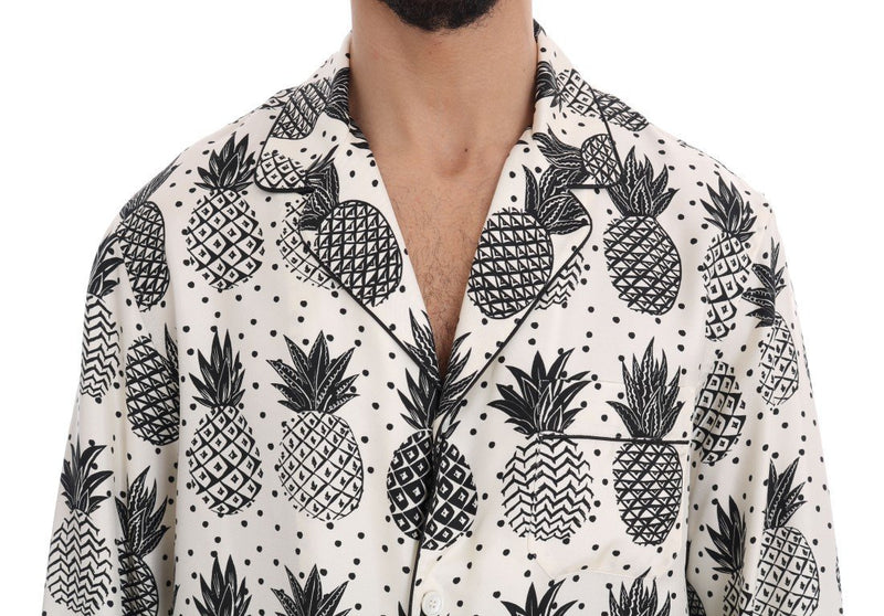 White Silk Pineapple Print Casual Shirt