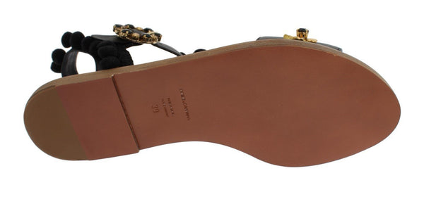 Black Leather Crystal Torero Sandal Shoes