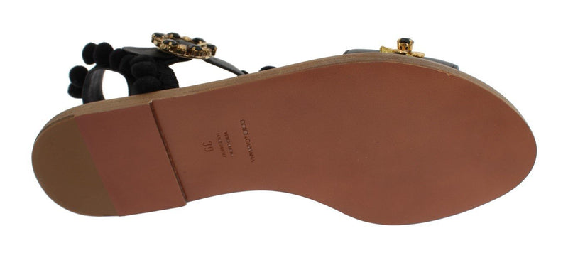 Black Leather Crystal Torero Sandal Shoes