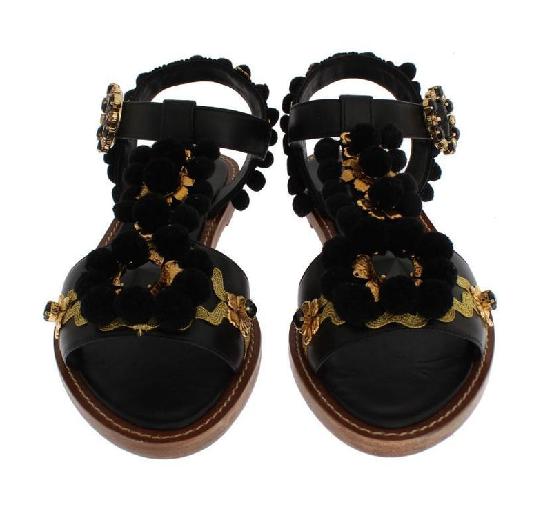 Black Leather Crystal Torero Sandal Shoes