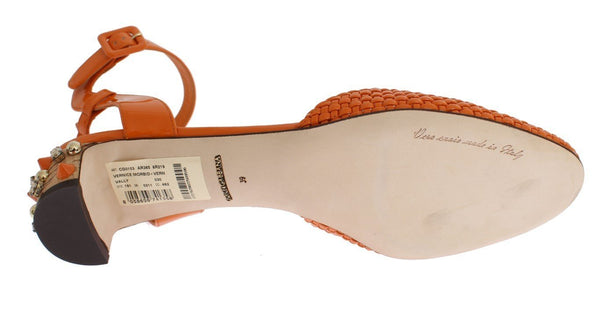 Orange Leather Crystal Block Heel Shoes
