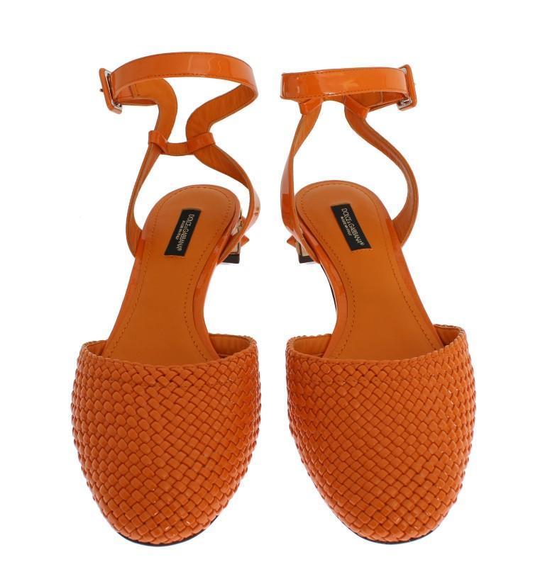 Orange Leather Crystal Block Heel Shoes
