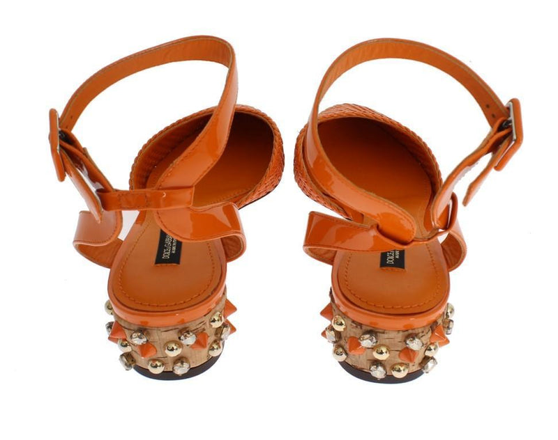 Orange Leather Crystal Block Heel Shoes