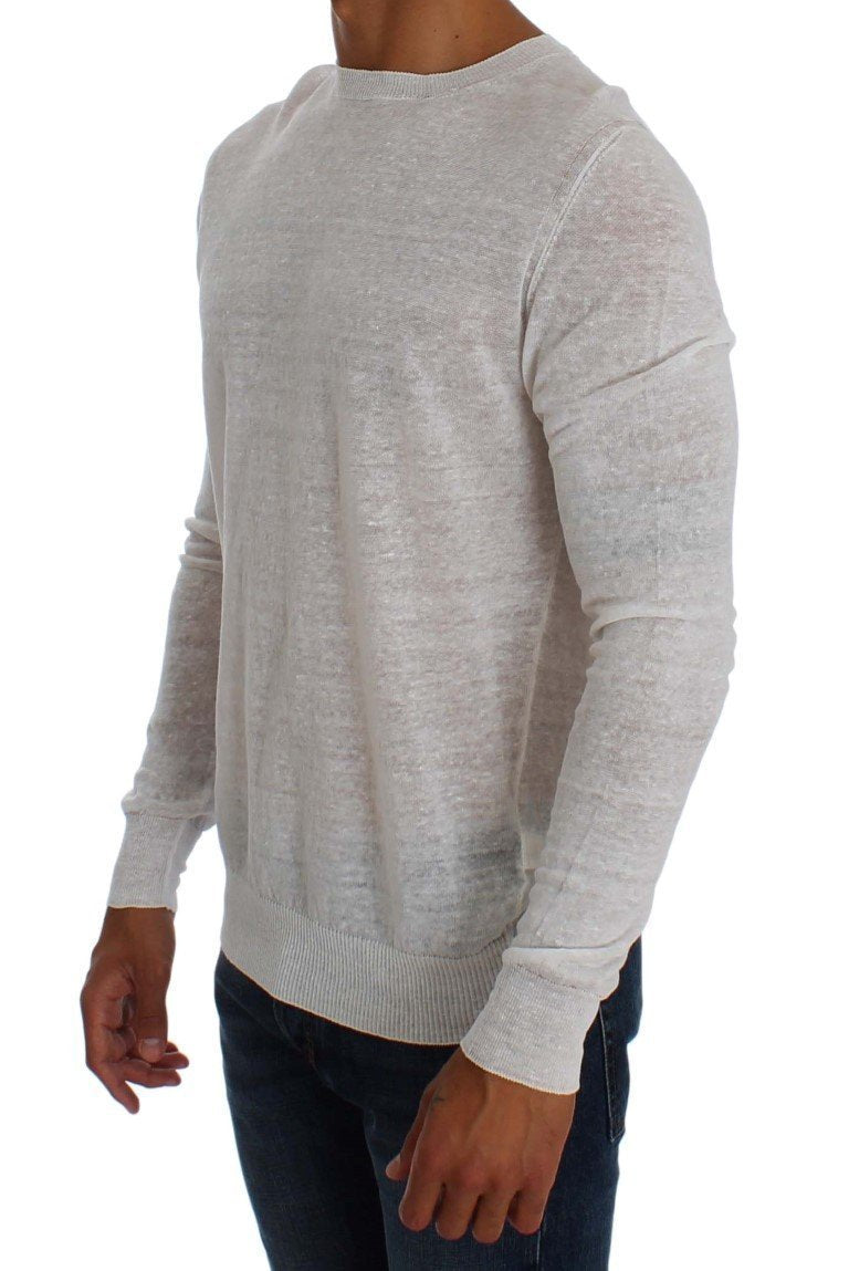 White Linen Crewneck Long Sleeve Sweater