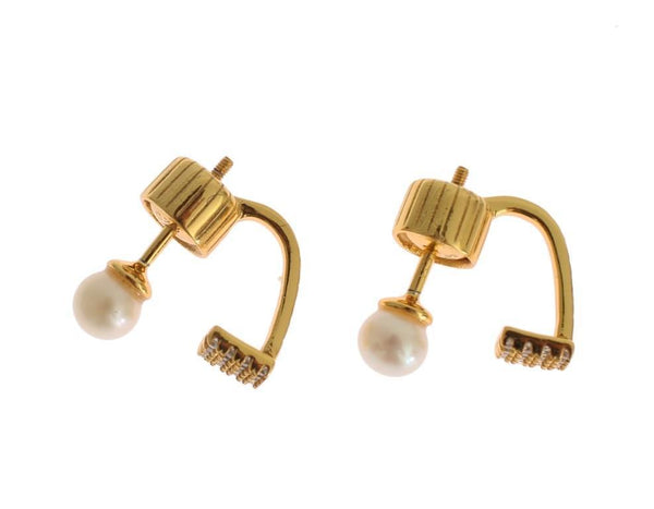 Pearl Screw Back CZ Gold 925 Silver Earrings