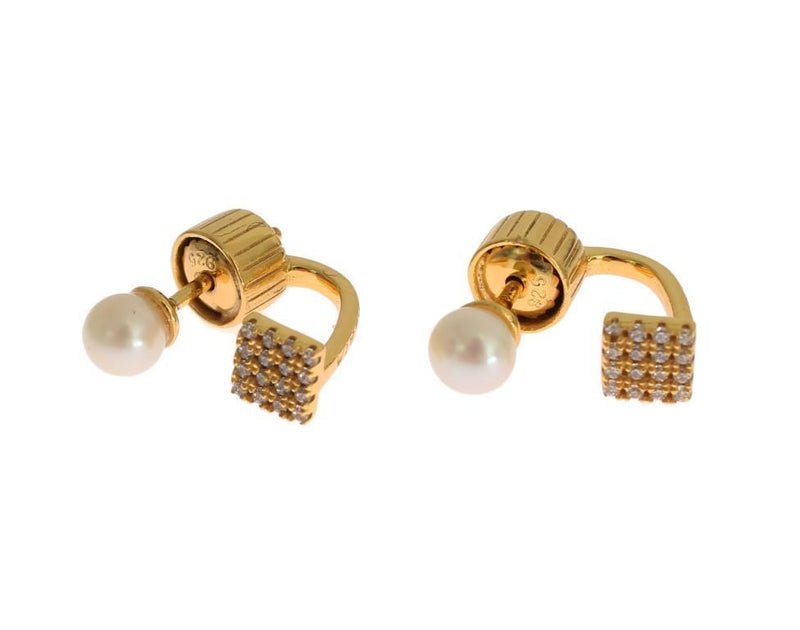 Pearl Screw Back CZ Gold 925 Silver Earrings