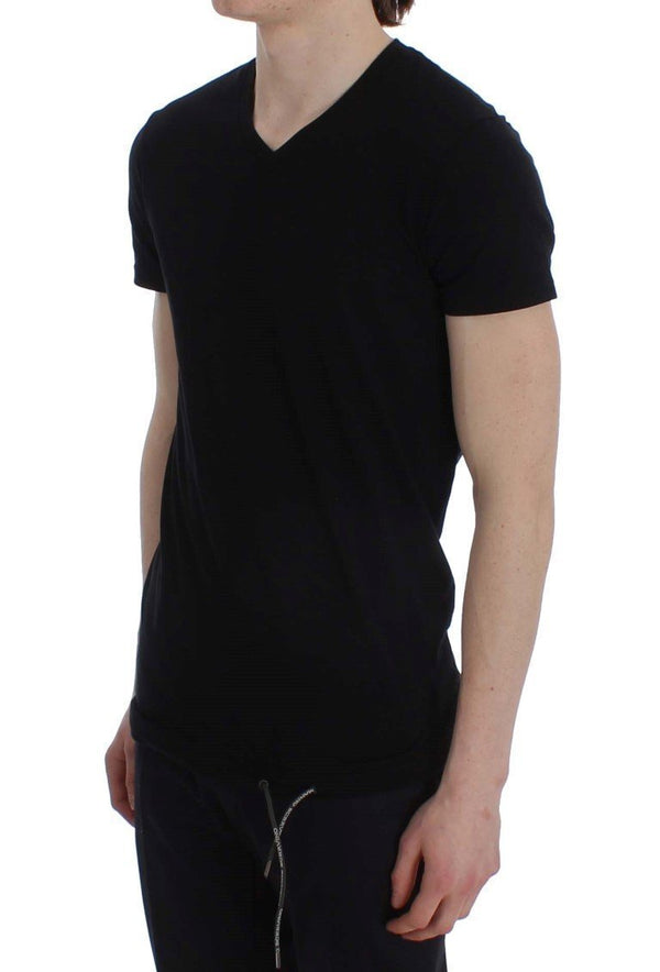 Black Cotton Stretch V-neck Beachwear T-shirt