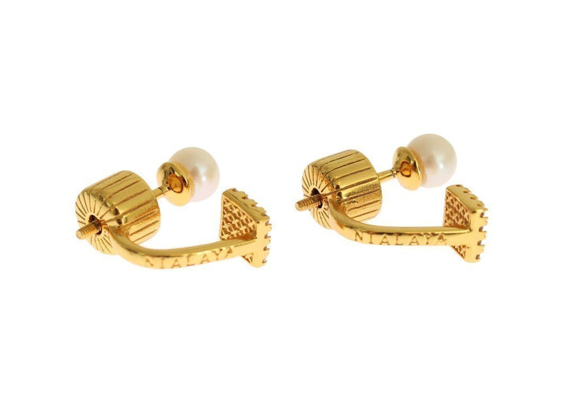 Pearl Screw Back CZ Gold 925 Silver Earrings