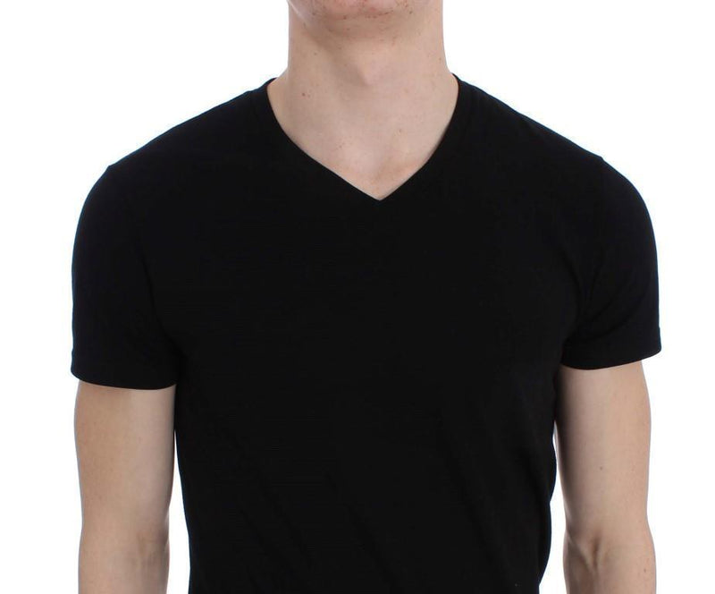 Black Cotton Stretch V-neck Beachwear T-shirt