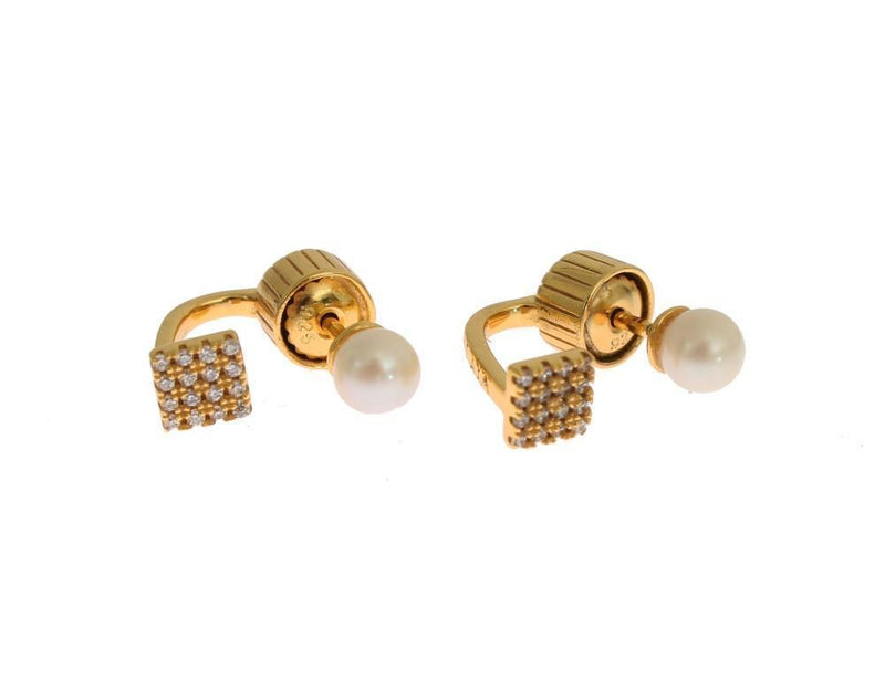 Pearl Screw Back CZ Gold 925 Silver Earrings