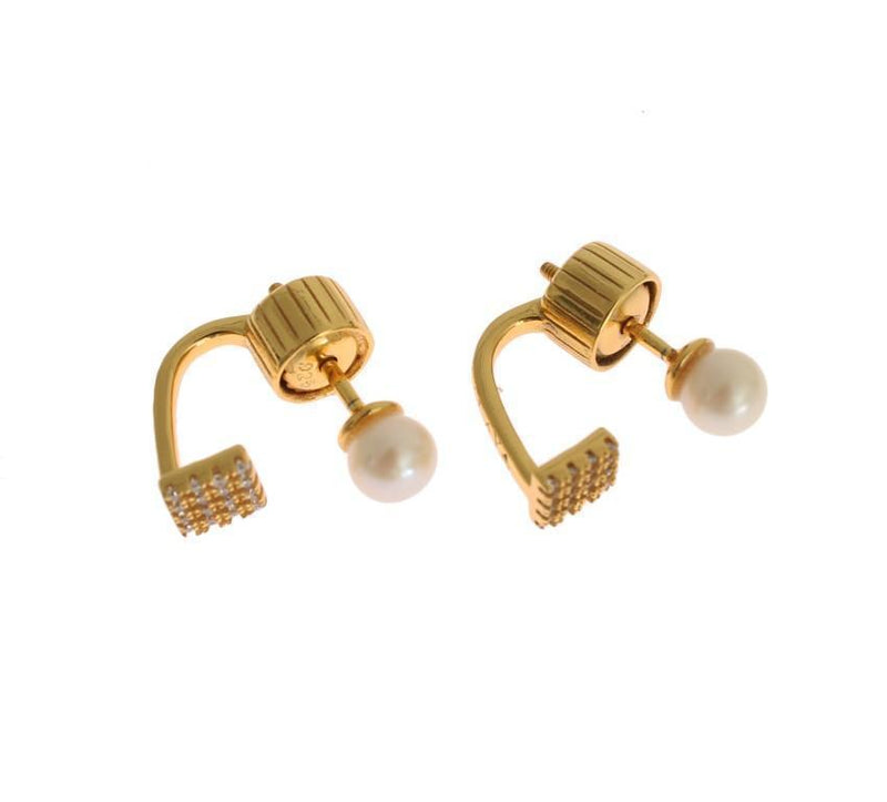 Pearl Screw Back CZ Gold 925 Silver Earrings