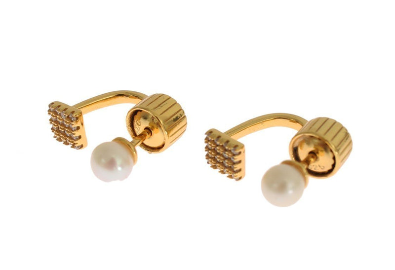 Pearl Screw Back CZ Gold 925 Silver Earrings