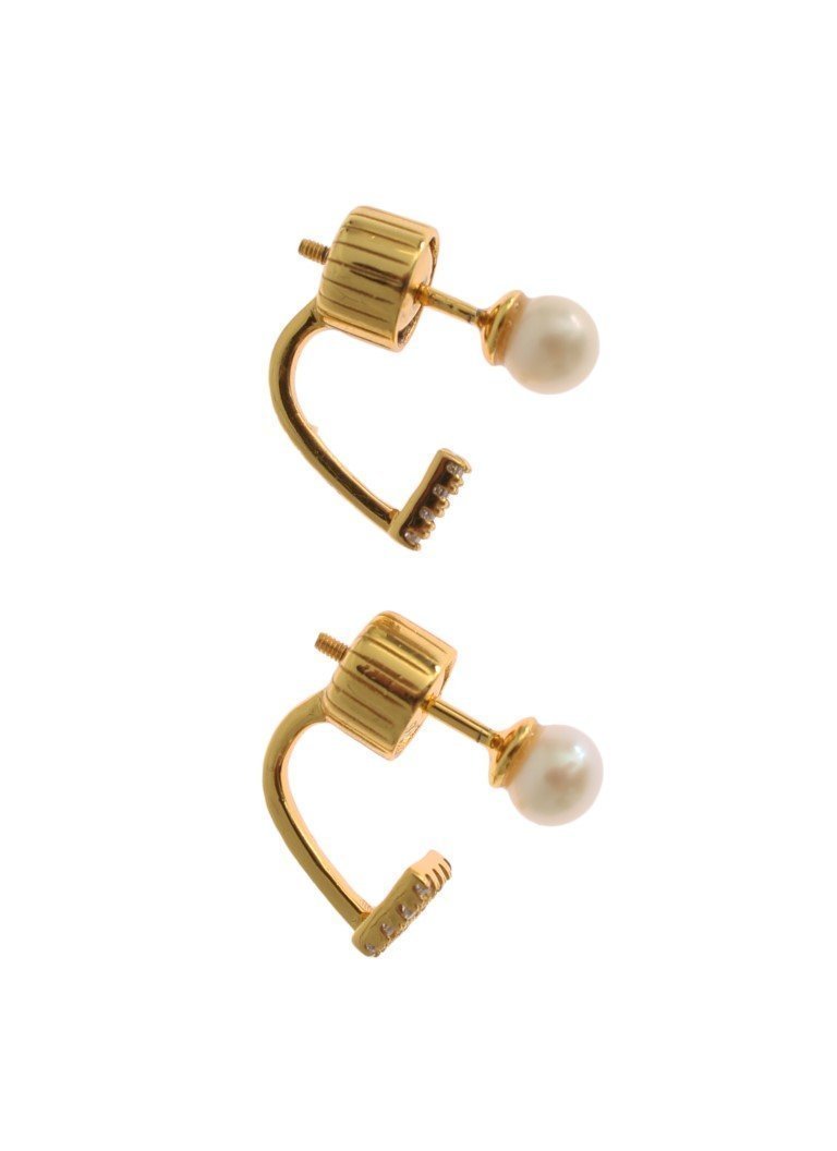 Pearl Screw Back CZ Gold 925 Silver Earrings