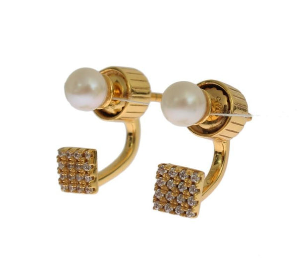 Pearl Screw Back CZ Gold 925 Silver Earrings