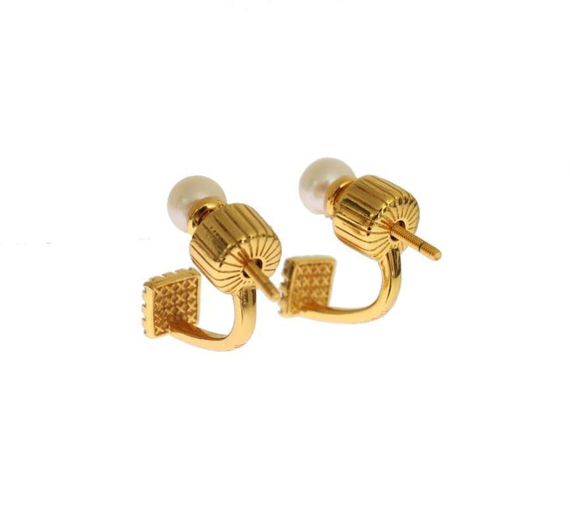 Pearl Screw Back CZ Gold 925 Silver Earrings