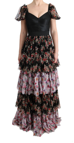 Multicolor Silk Stretch Floral Shift Long Dress