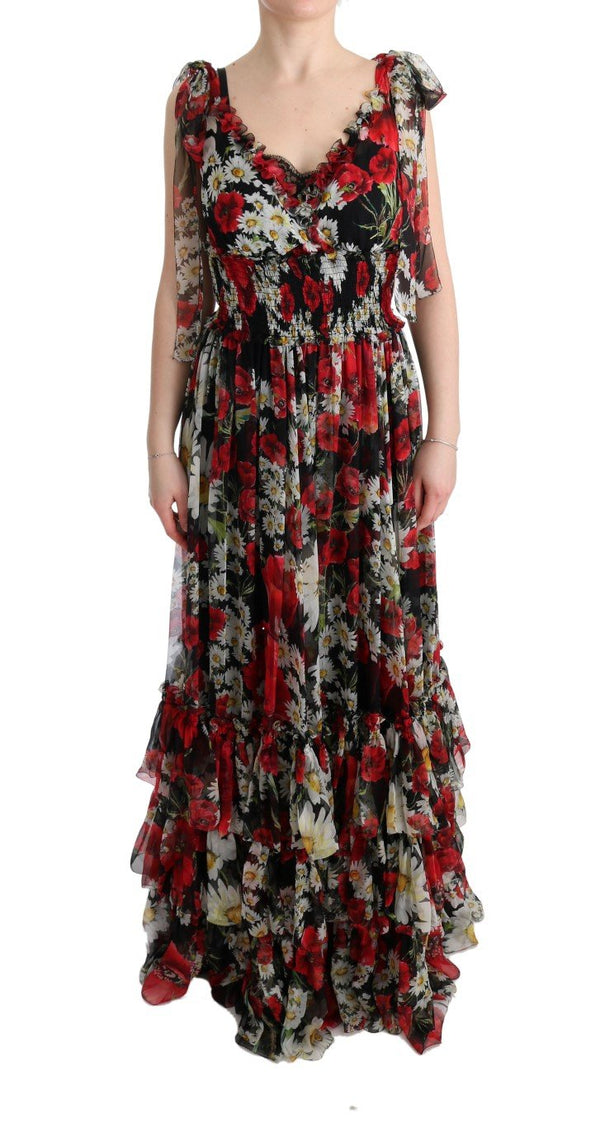 Multicolor Silk Floral Shift Long Maxi Dress