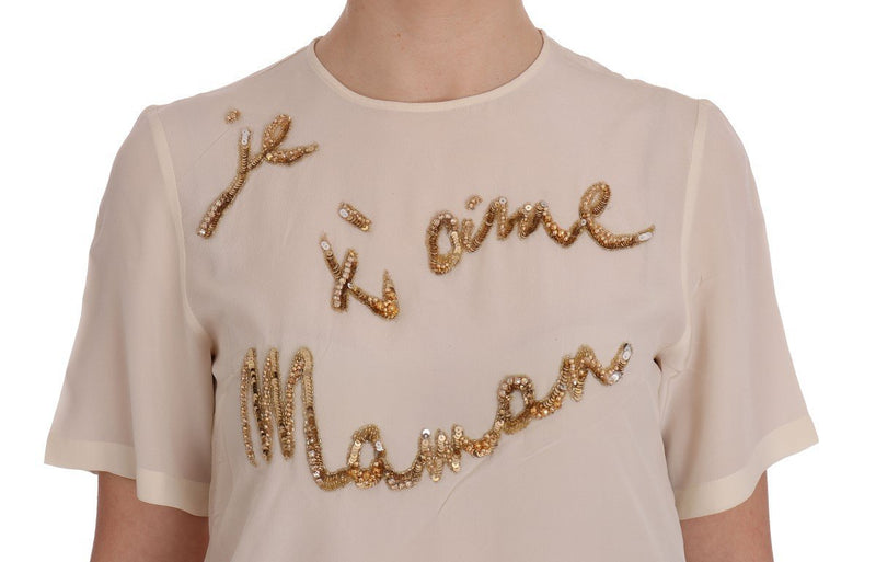 White Crystal Je t'aime Maman Sequined Blouse