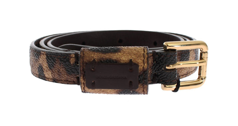 Brown Leopard Leather Gold Buckle Logo Belt