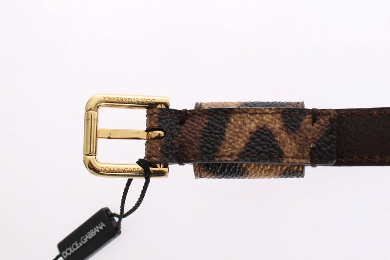 Brown Leopard Leather Gold Buckle Logo Belt