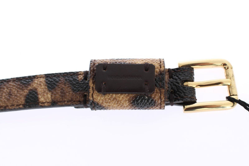 Brown Leopard Leather Gold Buckle Logo Belt