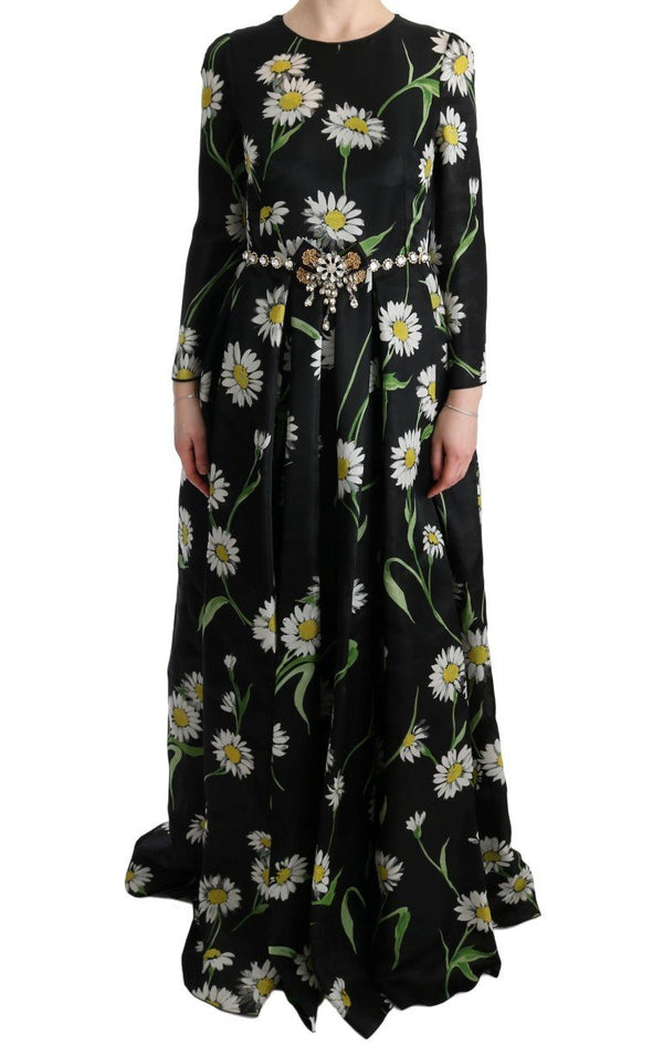 Multicolor Silk Sunflower Print Long Maxi Dress