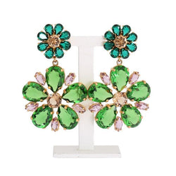 Gold Brass Green Floral Crystal Clip On Earrings