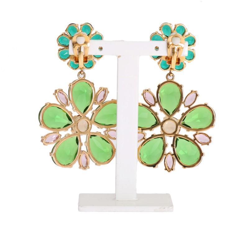 Gold Brass Green Floral Crystal Clip On Earrings