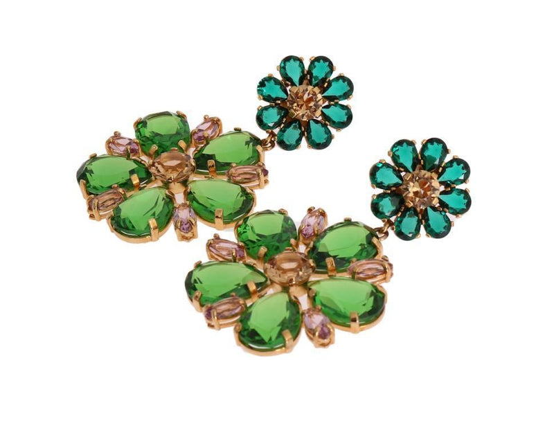 Gold Brass Green Floral Crystal Clip On Earrings