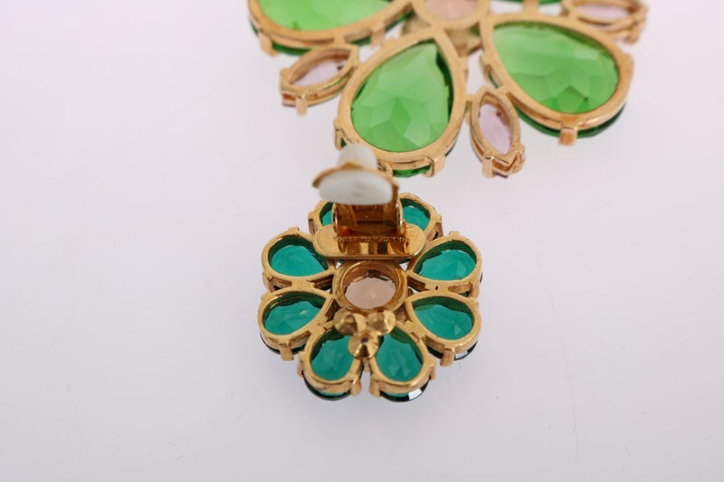 Gold Brass Green Floral Crystal Clip On Earrings