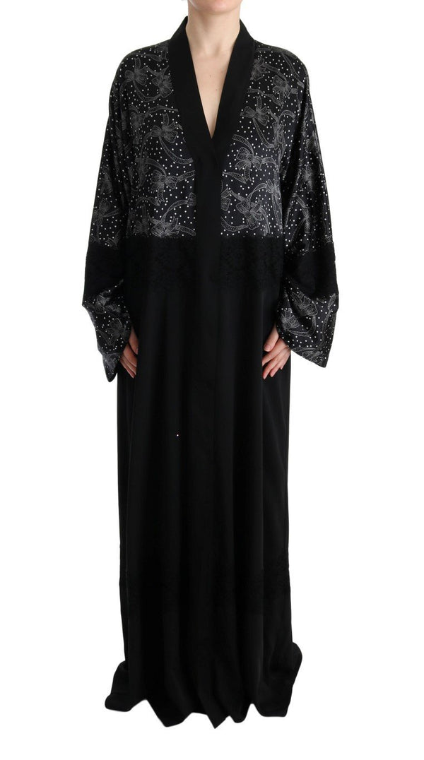 Black White Floral Silk Kaftan Dress