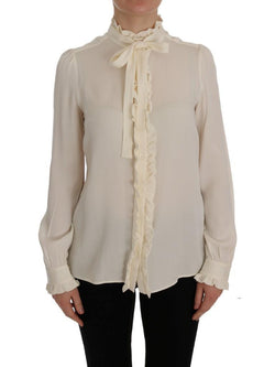 Beige Silk Stretch Shirt Ruffled Blouse