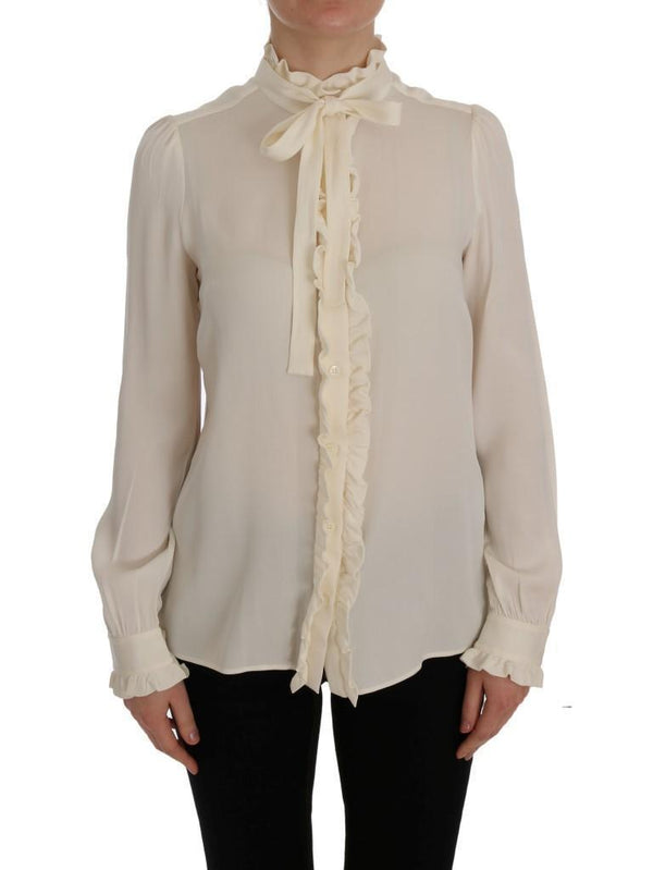 Beige Silk Stretch Shirt Ruffled Blouse