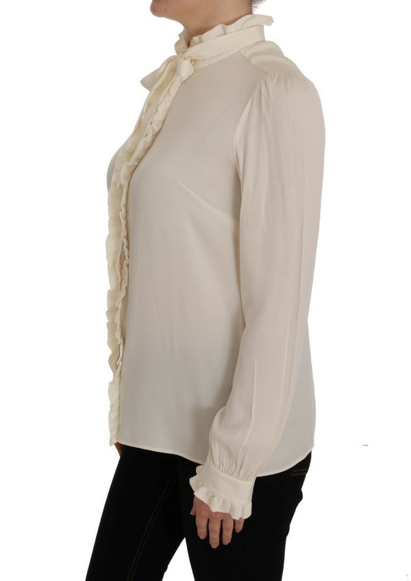 Beige Silk Stretch Shirt Ruffled Blouse