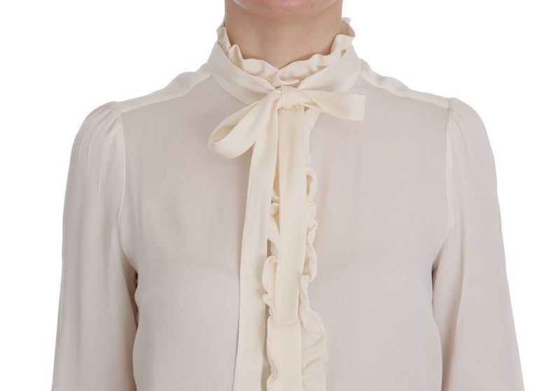 Beige Silk Stretch Shirt Ruffled Blouse