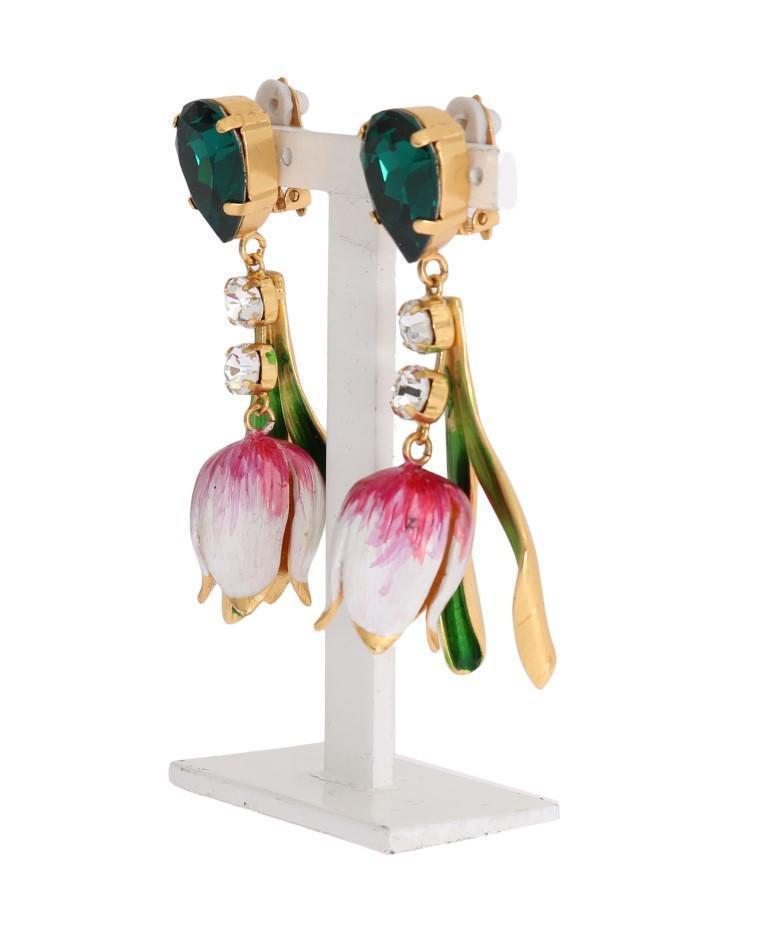 Gold Brass White Tulip Crystal Clip On Earrings