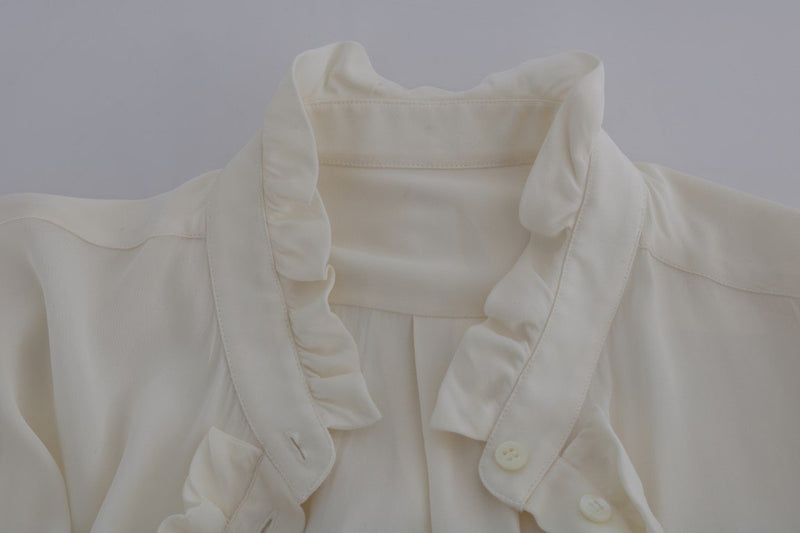 Beige Silk Stretch Shirt Ruffled Blouse
