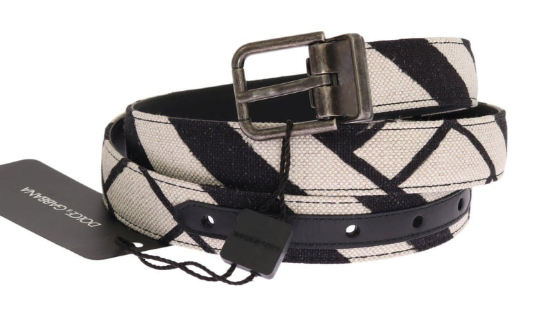 Black White Striped Linen Leather Belt