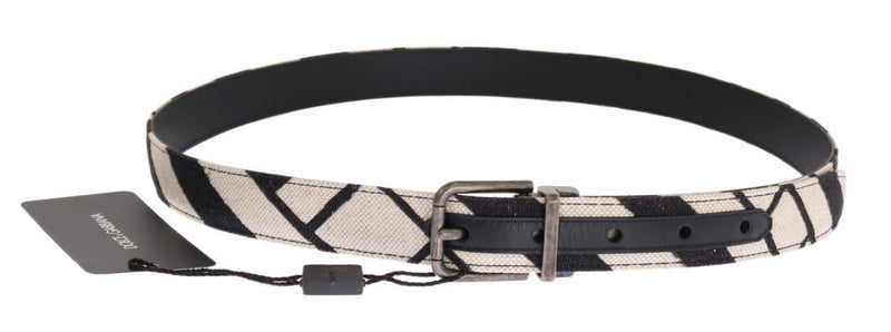 Black White Striped Linen Leather Belt