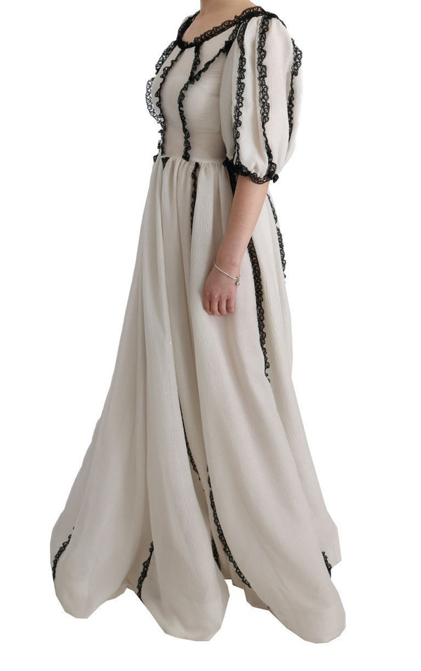 White Silk Black Lace Maxi Dress
