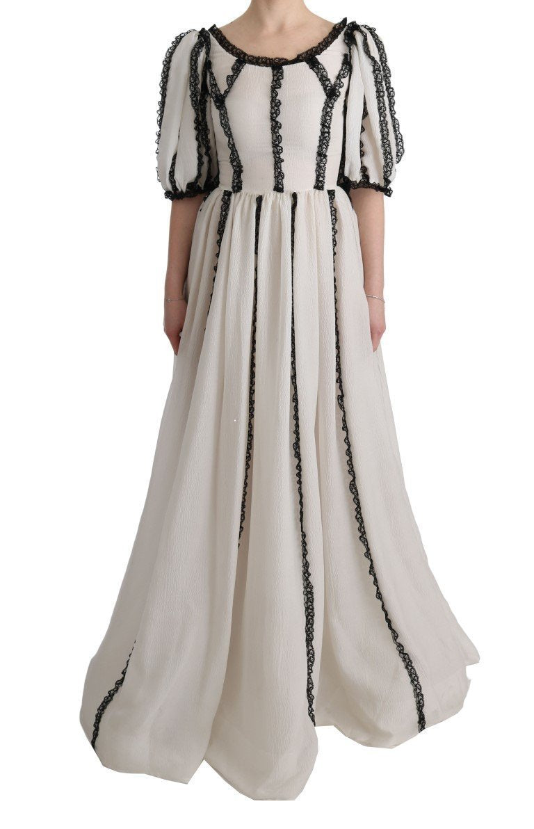 White Silk Black Lace Maxi Dress