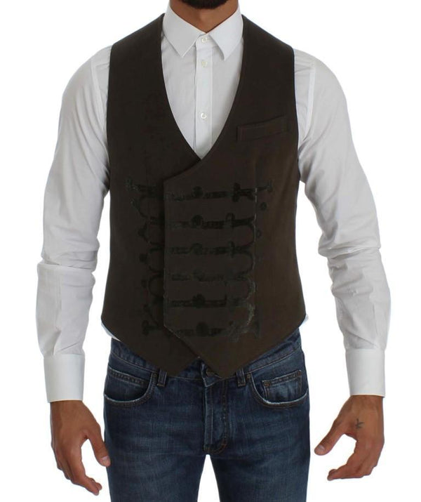 Brown Cotton Double Breasted Button Slim Fit Vest