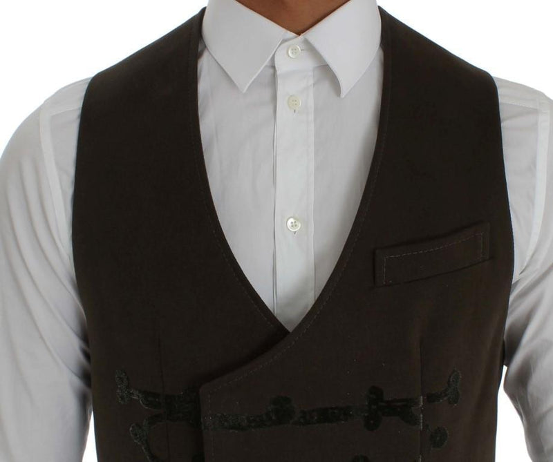 Brown Cotton Double Breasted Button Slim Fit Vest