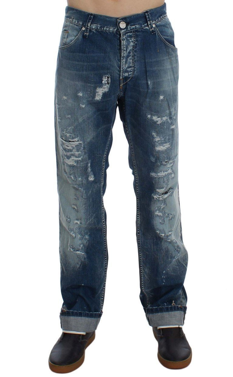 Blue Wash Torn Denim Cotton Regular Fit Jeans