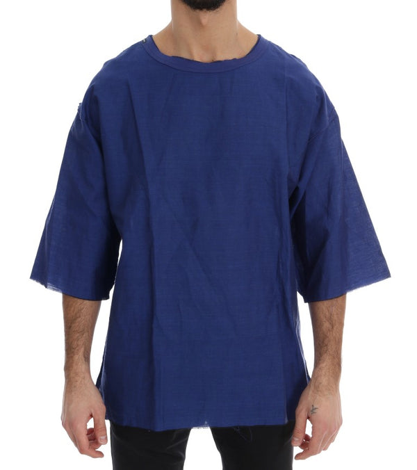 Blue Linen Cotton Oversize Crewneck T-Shirt
