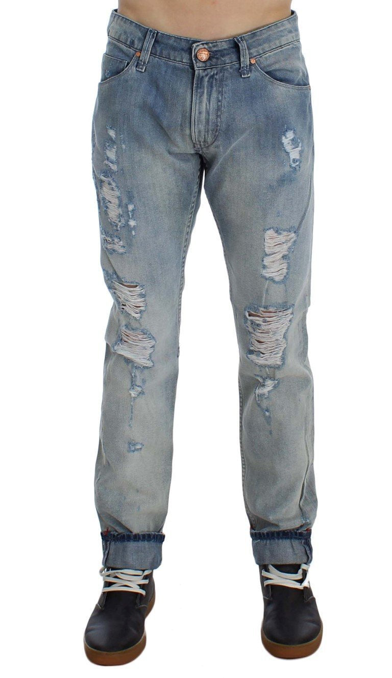 Blue Wash Torn Denim Cotton Slim Fit Jeans