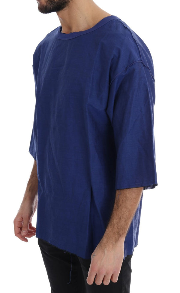 Blue Linen Cotton Oversize Crewneck T-Shirt