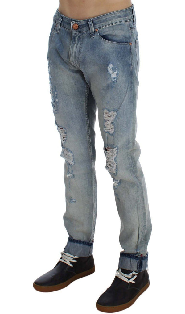 Blue Wash Torn Denim Cotton Slim Fit Jeans