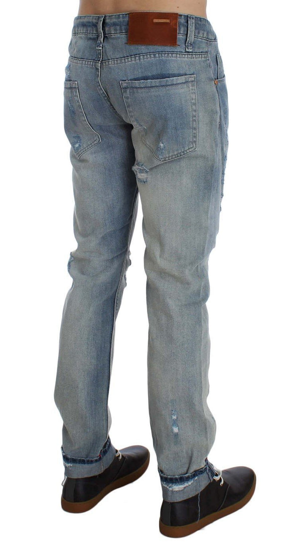 Blue Wash Torn Denim Cotton Slim Fit Jeans