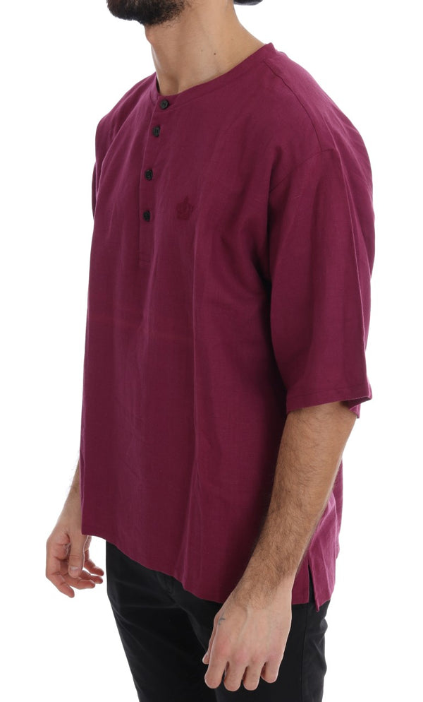 Pink Linen Cotton Oversize Crewneck T-Shirt